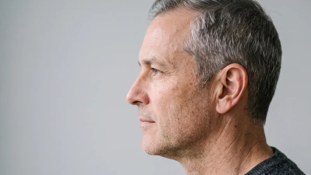 Side profile of a man in his fifties showing a naturally mature hairline