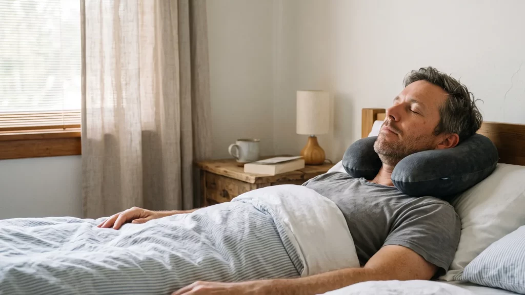 Man sleeping on his back with his head supported on a neck pillow