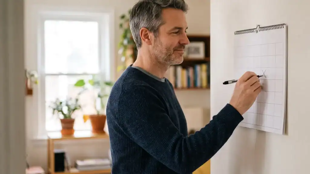 Man marking a date on a wall calendar at home