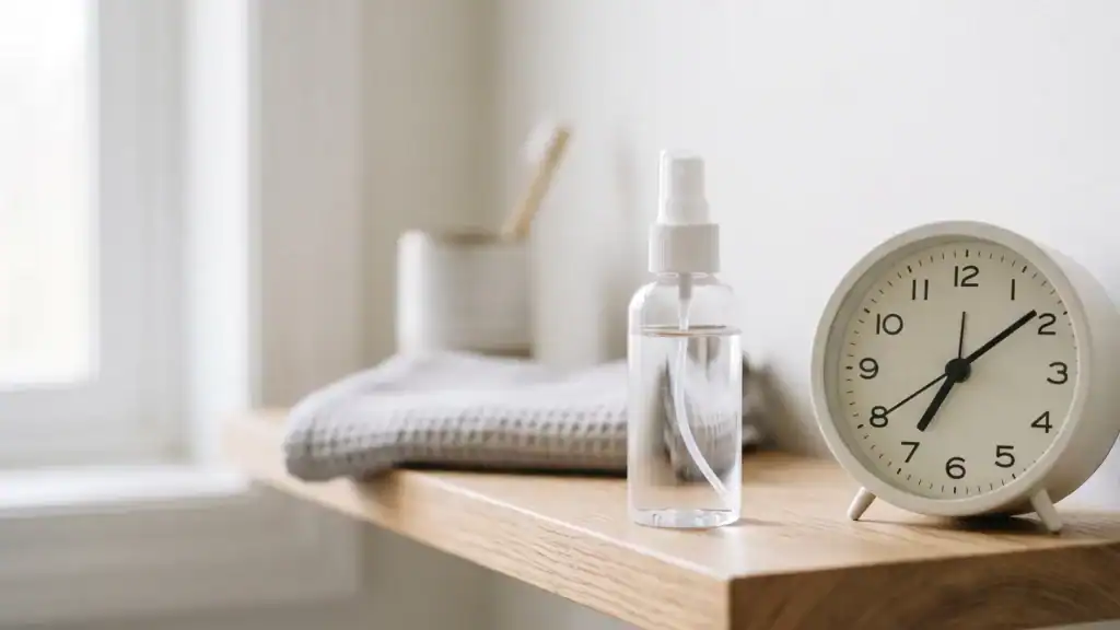 Spray bottle and clock on a bathroom shelf