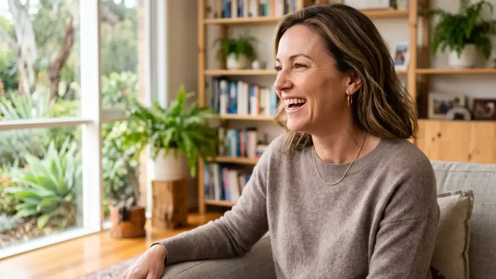 Woman in her forties laughing in a bright living room